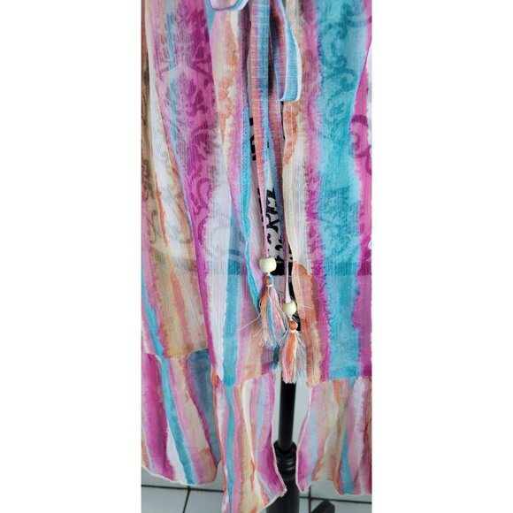 Lucky Brand Sheer Cover Up Womens Ruffle Dress Multicolor Striped Sz Small - Picture 2 of 3